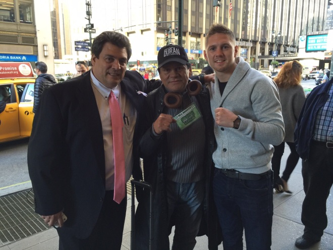 Jason Quigley with legendary boxer Roberto Duran and the president of the WBC Mauricio Sulaiman in New York before the Golovkin - Lemieux fight. Photo courtesy of Sheer Sports Management.